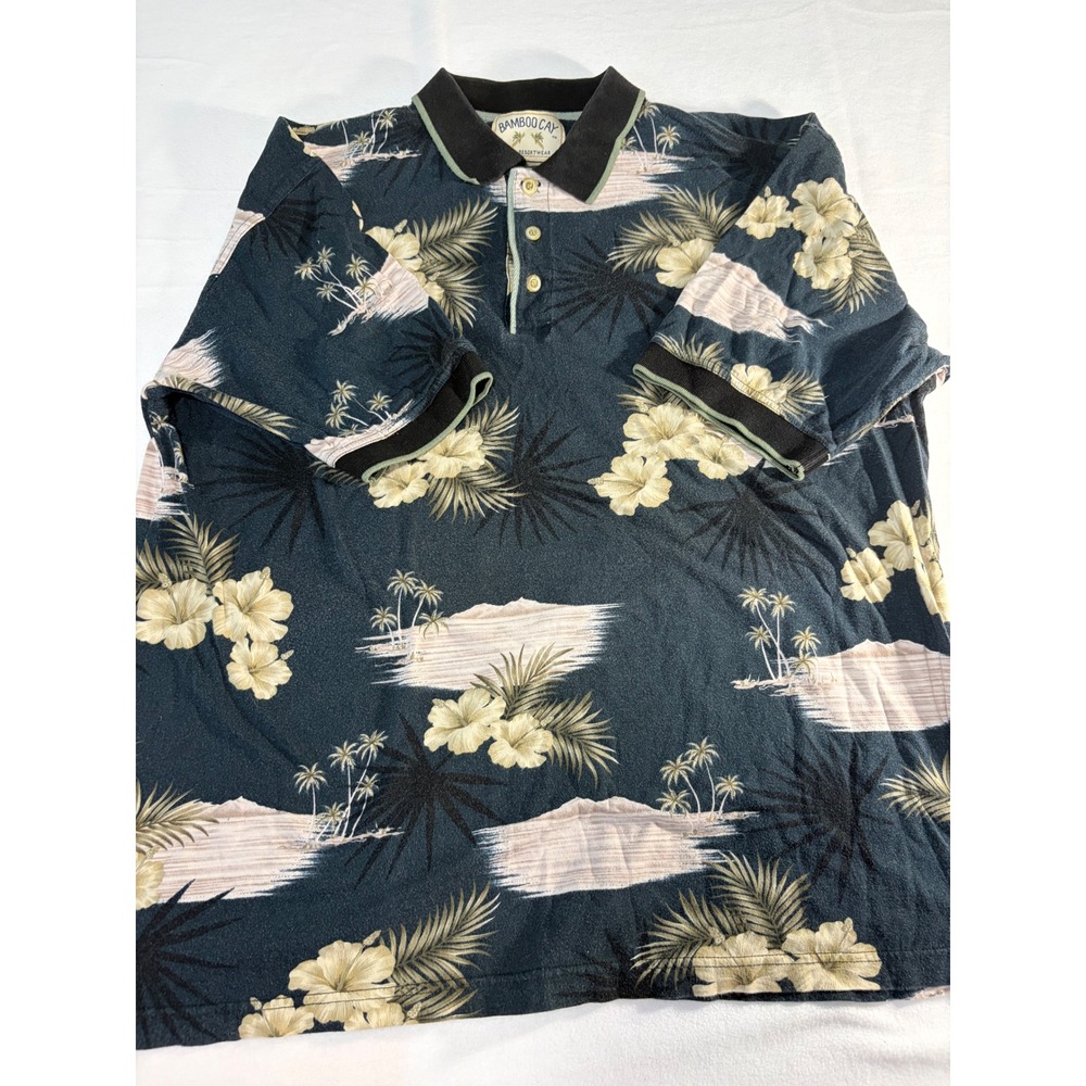 Bamboo Cay Mens XL Tropical Hibiscus Palm Tree Polo Shirt Navy Blue Cotton